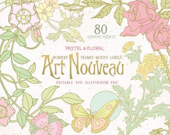 花柄アールヌーボーSVG EPS PNG Cricut、アールヌーボー様式アルフォンス・ミュシャのクリップアート、アールデコ調のボーダーフレーム、パステル調の気まぐれな結婚式招待状ラベル