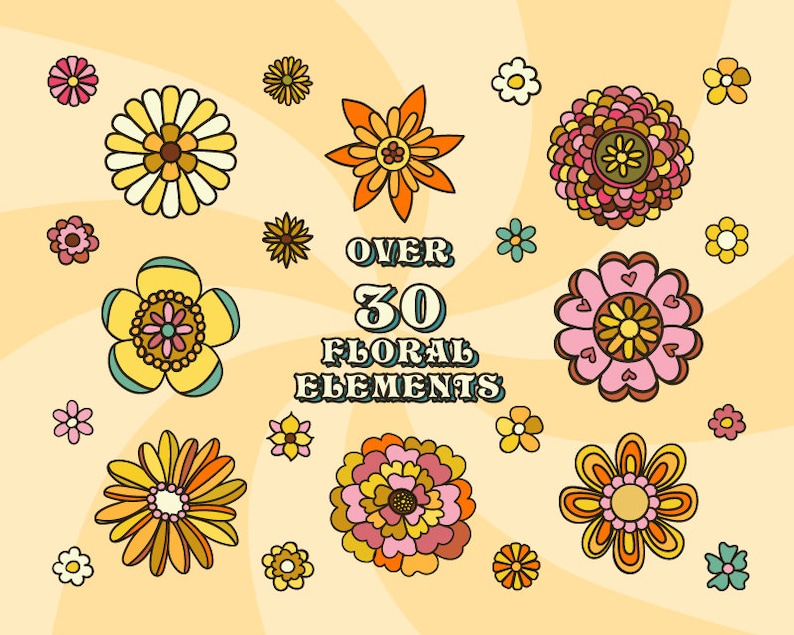 70s Retro Flower Power Design Bundle SVG Ai EPS PNG, Groovy Retro Art ...