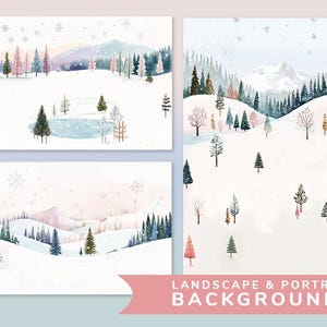 May include: Four watercolor illustrations of winter landscapes with snowy hills, pine trees, and a frozen lake. The illustrations are in a soft, pastel color palette and feature a delicate snowfall effect. The text "Landscape & Portrait Backgrounds" is at the bottom of the image.