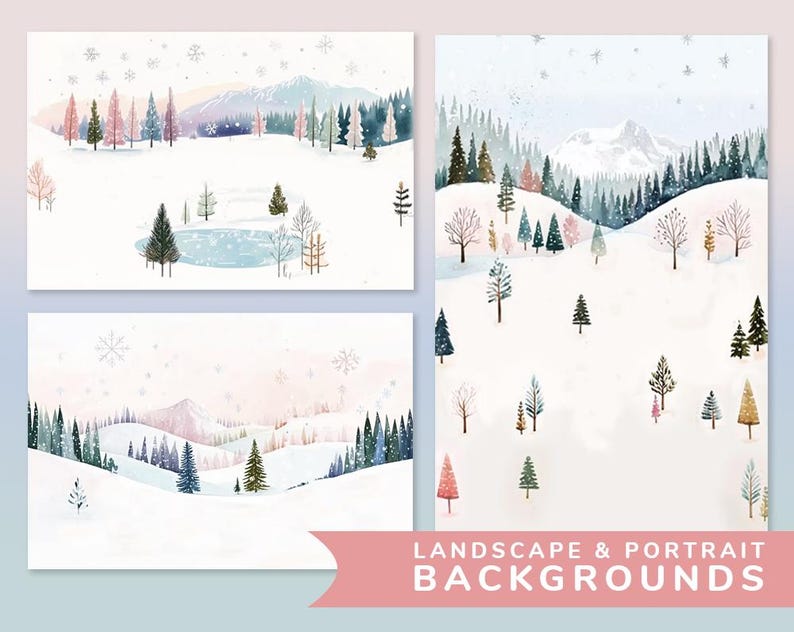 May include: Four watercolor illustrations of winter landscapes with snowy hills, pine trees, and a frozen lake. The illustrations are in a soft, pastel color palette and feature a delicate snowfall effect. The text "Landscape & Portrait Backgrounds" is at the bottom of the image.