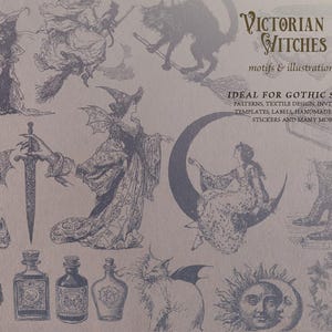 Victorian Witch illustration bundle preview featuring 26 vintage motifs and magical elements in detailed engraving style. Includes black cats, witches flying on broomsticks, potion bottles, crescent moon, mystical sun lunar face, spellbook, dagger, and celestial designs. Perfect for Halloween, witchcraft, gothic art, and Victorian era inspired projects. High resolution 300 DPI PNG and scalable vector SVG EPS files for digital and print use, ideal for stickers, posters, apparel, and invitations.