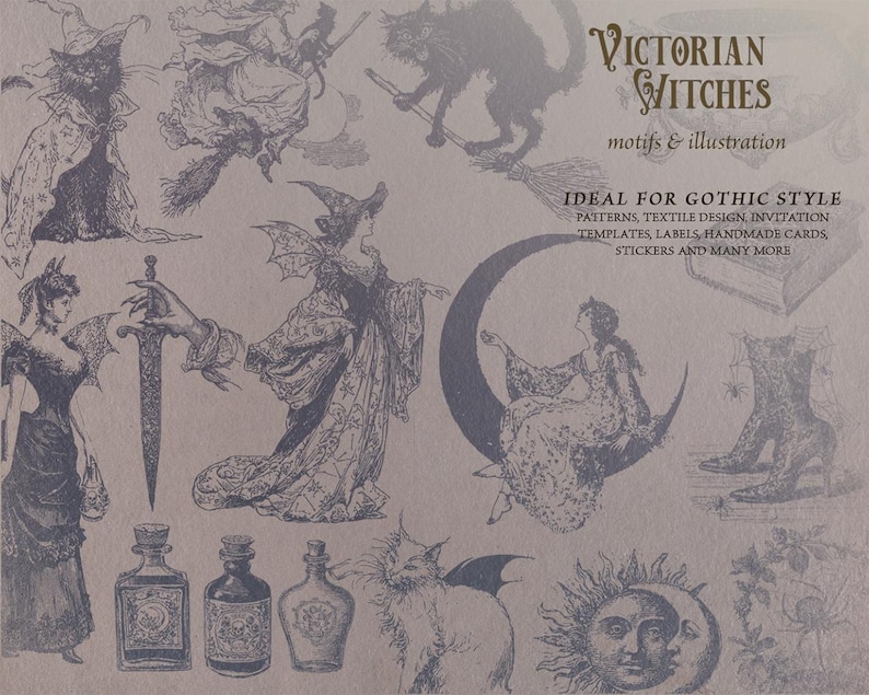 Victorian Witch illustration bundle preview featuring 26 vintage motifs and magical elements in detailed engraving style. Includes black cats, witches flying on broomsticks, potion bottles, crescent moon, mystical sun lunar face, spellbook, dagger, and celestial designs. Perfect for Halloween, witchcraft, gothic art, and Victorian era inspired projects. High resolution 300 DPI PNG and scalable vector SVG EPS files for digital and print use, ideal for stickers, posters, apparel, and invitations.