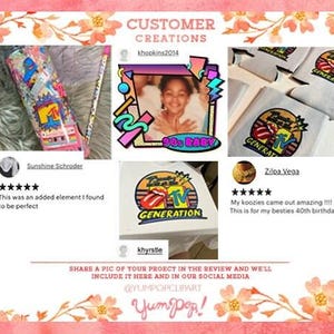 May include: A collage of customer reviews featuring various products with a 90s theme. The products include a tumbler with a colorful MTV logo, a t-shirt with a retro MTV logo, and koozies with a Rolling Stones tongue logo. The reviews are positive and highlight the quality of the products.