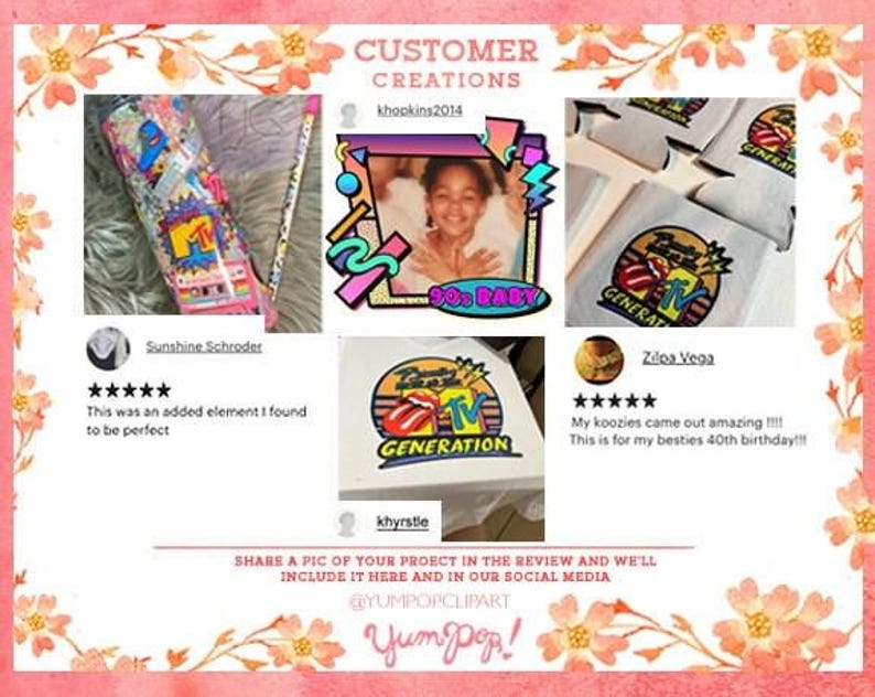 May include: A collage of customer reviews featuring various products with a 90s theme. The products include a tumbler with a colorful MTV logo, a t-shirt with a retro MTV logo, and koozies with a Rolling Stones tongue logo. The reviews are positive and highlight the quality of the products.