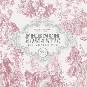 French Toile PNG SVG, Romantic Valentines Vector Clipart, Cupid Printable, Antique Rococo Digital Artwork