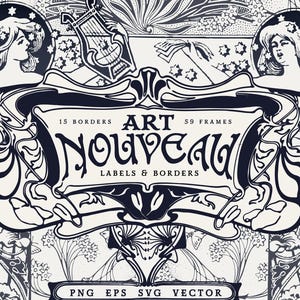 Art Nouveau Labels SVG Ai EPS PNG Cricut, Jugendstil Clipart, Art Deco borders frames, Art Nouveau clip art, Alphonse Mucha pattern digital