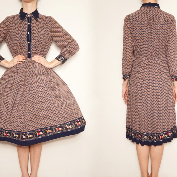 1970's japanese shirtwaist vintage dress,pleated dress,horse print dress,navy brown dress,long sleeve dress,autumn winter dress,sundress