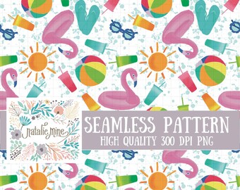 Summer Beach Seamless Pattern | Fun Tropical Digital Paper | Flamingo, Sun, Popsicles & Beach Ball Design