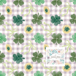 May include: A repeating pattern featuring green shamrocks, gold coins, and light green ribbons on a lavender and white checkered background. The design includes a floral logo with the text "Natalie Mine".