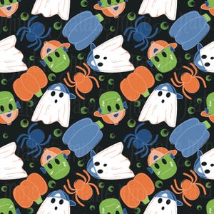May include: Halloween-themed pattern featuring cartoon ghosts, Frankenstein monsters, pumpkins, spiders, and baseball caps in a repeating design. The color palette includes orange, green, blue, and white elements on a black background.
