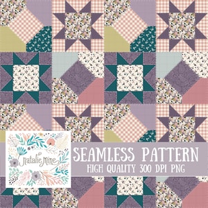 May include: A seamless pattern featuring patchwork squares in shades of purple, pink, green, and cream. The design includes star and square motifs, gingham, floral prints, and paisley patterns. The text "SEAMLESS PATTERN" and "HIGH QUALITY 300 DPI PNG" is visible.