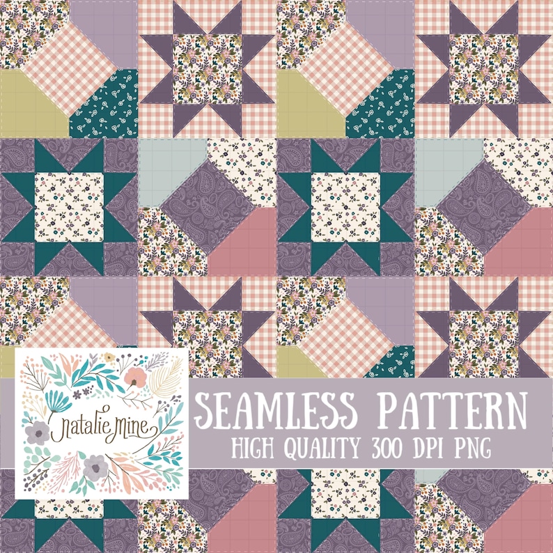 Pu&ograve; includere: Un motivo senza cuciture con quadrati patchwork nei toni del viola, rosa, verde e crema. Il design include motivi a stella e quadrati, quadretti, stampe floreali e motivi paisley. Il testo "SEAMLESS PATTERN" e "HIGH QUALITY 300 DPI PNG" &egrave; visibile.