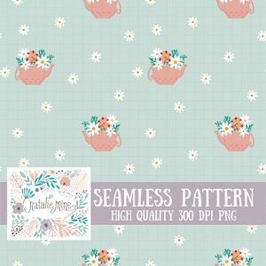 Seamless Vintage Floral Teapot Pattern | Hand-Drawn daisy Digital Paper | Cottagecore Scrapbook, Fabric, Wallpaper