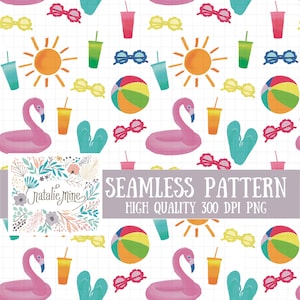 Peut inclure: Motif sans couture avec des illustrations estivales. Le motif comprend un flamant rose, des lunettes de soleil, des ballons de plage, des soleils, des boissons et des tongs. Le texte "Seamless Pattern" et "High Quality 300 DPI PNG" sont également présents.