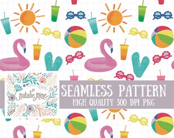 Summer Beach Seamless Pattern | Fun Tropical Digital Paper | Flamingo, Sun, Popsicles & Beach Ball Design