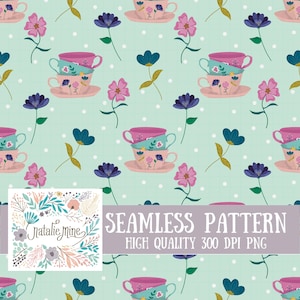 Seamless Tea Party Pattern | Hand-Drawn Floral Teapot & Teacup Digital Paper | Vintage Cottagecore Seamless Pattern for Fabric, Scrapbooking