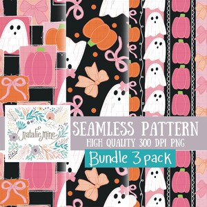 Peut inclure: Un ensemble d'art numérique avec des motifs sans couture sur le thème d'Halloween. Les motifs comprennent des fantômes, des citrouilles et des nœuds roses, oranges et noirs. Le texte indique "SEAMLESS PATTERN", "HIGH QUALITY 300 DPI PNG" et "Bundle 3 pack".
