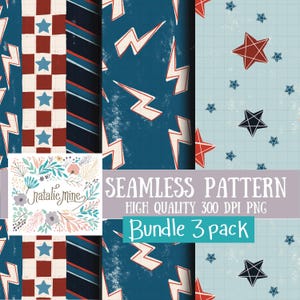 4th of July Seamless Pattern Bundle | grunge USA Digital Paper Set | stars, lightning bolts, and checkers PNG | Patriotic Sublimation