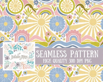 Könnte beinhalten: Ein nahtloses Muster mit einem Retro-Design mit Sonnenstrahlen, Blumen und Wellenlinien in Gelb-, Rosa-, Blau- und Grüntönen. Das Muster ist perfekt, um jedem Projekt einen Hauch von Vintage-Stil zu verleihen.