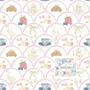 May include: A repeating pattern featuring watercolor illustrations of croissants, teacups, teapots, strawberries, blueberries, geese, bows, and flowers. The design is set against a white background with pink scalloped borders. The text "natalie mine" is also present.