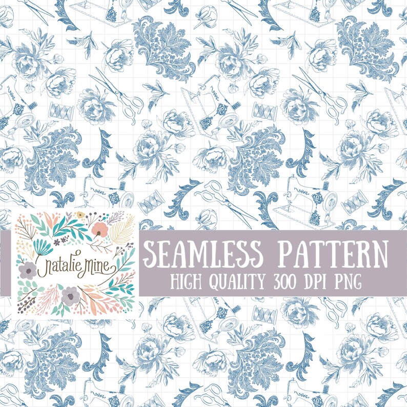 Vintage Sewing Toile Digital Paper | Blue French Country Pattern ...