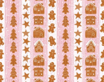 May include: A repeating pattern featuring gingerbread houses, gingerbread men, Christmas trees, and stars in shades of brown and white on a pink background. The design is arranged in vertical stripes with a lace-like border.