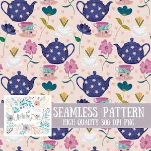 Seamless Tea Party Pattern | Hand-Drawn Floral Teapot & Teacup Digital Paper | Vintage Cottagecore Seamless Pattern for Fabric, Scrapbooking