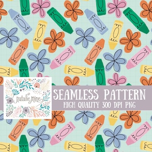 May include: Seamless pattern featuring colorful crayons and stylized flowers in shades of orange, blue, pink, and green on a light green grid background. The text "SEAMLESS PATTERN" and "HIGH QUALITY 300 DPI PNG" are also present.
