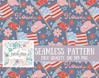 Americana Western Seamless Pattern – Patriotic Cowgirl Design (PNG)
