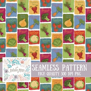 Könnte beinhalten: Ein nahtloses Muster mit rechteckigen Illustrationen von Samentüten verschiedener Gemüsesorten wie Karotten, Tomaten, Brokkoli, Rote Bete, Zwiebeln, Kohl, Paprika und Blumenkohl, die jeweils mit ihrem Namen beschriftet sind.