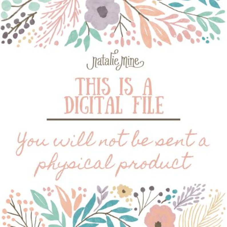 Pu&ograve; includere: Annuncio di file digitale con illustrazioni floreali ad acquerello in rosa, blu e viola. Il testo recita: "Questo &egrave; un file digitale. Non ti verr&agrave; inviato un prodotto fisico."