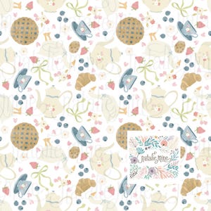 May include: A repeating pattern featuring watercolor illustrations of teacups, teapots, goose, pie, croissants, cookies, strawberries, blueberries, and floral accents on a white background. The design includes a signature that reads "Natalie Mine".