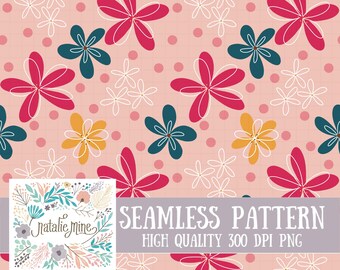 Könnte beinhalten: Ein nahtloses Muster mit rosa, roten, gelben, blauen und weißen Blumen auf rosa Hintergrund mit weißen Punkten. Der Text "Seamless Pattern" und "High Quality 300 DPI PNG" befindet sich am unteren Rand des Bildes. Der Text "Natalie Mine" befindet sich in einem floralen Design in der linken unteren Ecke des Bildes.