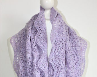 Ready to Ship - CLOUD Hand Knitted Lace Cowl Snood in Pale Lilac Lavender Purple Scottish Lambswool Sustainable Wool