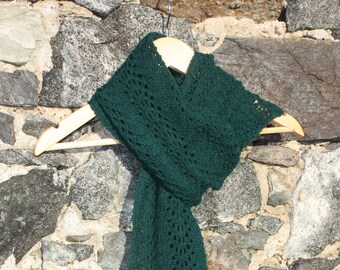 Ready to Ship - FEARNE Hand Knitted Ladies  Long Boho Skinny Lace Scarf in Forest Green Scottish Lambswool