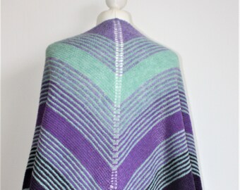 Ready to Ship - FADE Hand Knitted Stripe Triangular Shawl in Purple & Green Scottish Lambswool Sustainable Wool