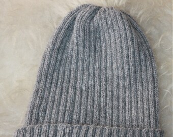 READY TO SHIP -  Highland - Ladies Classic Ribbed Beanie Hat in Chrome Grey Sustainable Scottish Lambswool Hand knitted