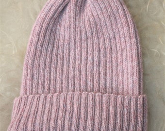 READY TO SHIP -  Highland - Ladies Classic Ribbed Beanie Hat in Blush Pink Sustainable Scottish Lambswool Hand knitted