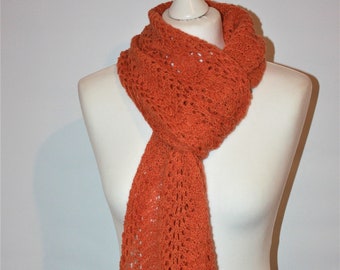 READY TO SHIP Fearne Ladies  Long Boho Skinny Lace Scarf Cantaloupe Orange in Scottish Lambswool Gift Extra Long