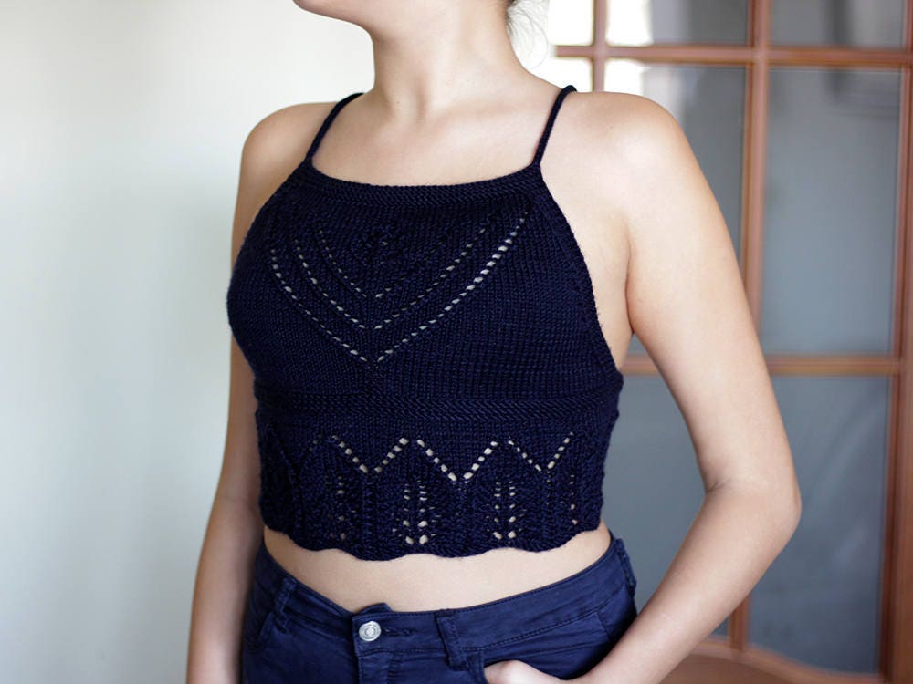 Knit Summer Crop Top Dark Blue Lace Halter Knitted Bikini Knit Summer Crop Top Dark Blue Lace Halter Knitted Bikini