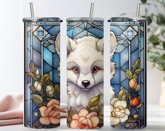 Personalized White Wolf Tumbler, Blue Floral Stained Glass, Gift for Her
