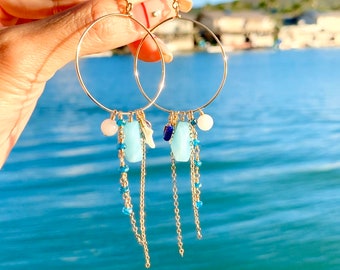 Beachy Jewel Hoop Earrings! (L) -Blue Jade (Blue Apatite, White Jade, White Coral, Blue Gemstone), 14K Gold Filled, Made in Hawaii