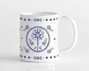 Blue Neuron Floral Ceramic Coffee Mug, Science Gift Mug