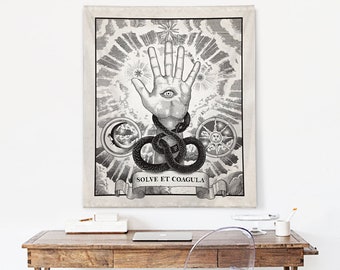 Alchemy motto "Solve et Coagula" with Ouroboros Snake Tapestry wall art decor, 34 x 40 in