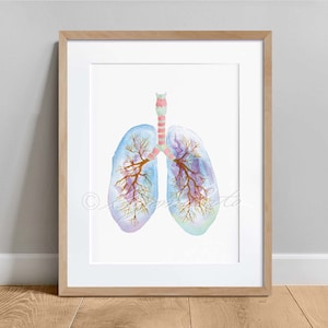 May include: A watercolor painting of human lungs with a pink trachea. The lungs are painted in shades of blue, purple, and green, with gold veins branching out from the trachea. The painting is framed in a light wood frame.
