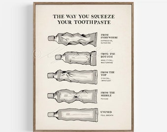 May include: A framed wall art print on a cream background featuring the text THE WAY YOU SQUEEZE YOUR TOOTHPASTE. It displays five illustrations of toothpaste tubes in varying states of use, labeled with descriptive personality traits.