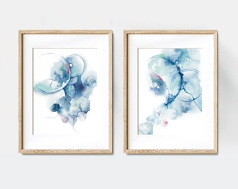 Cell Matrix Watercolor Art Print Set, Abstract Blue Cytology Posters