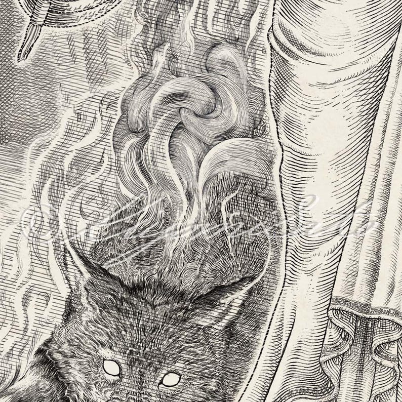 K&ouml;nnte beinhalten: Eine Schwarzwei&szlig;illustration eines Wolfes, dessen Kopf aus einer wirbelnden Rauchwolke aufsteigt. Der Wolf hat durchdringende wei&szlig;e Augen und eine detaillierte Fellstruktur.