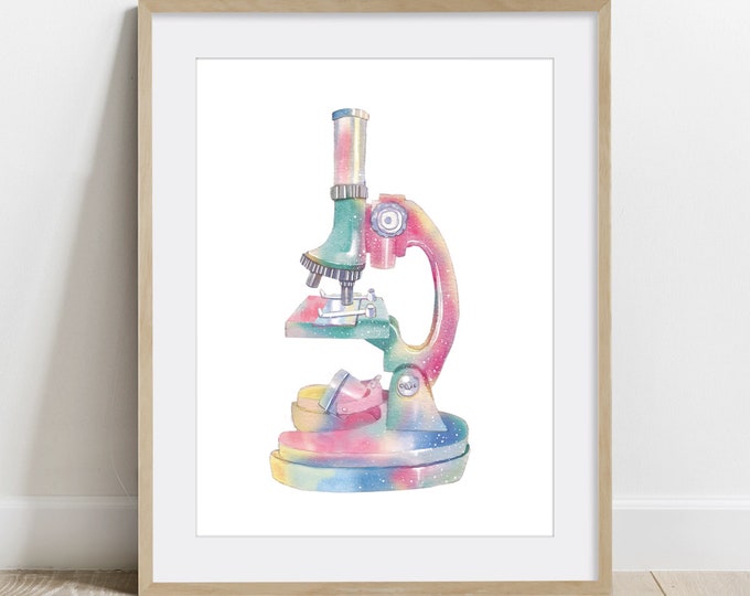 Microscope Watercolor Science Art Print, microbiology wall decor, Biology Art