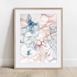 May include: Abstract watercolor painting in shades of pink, blue, and gray. The painting features a network of interconnected lines and shapes, creating a sense of movement and flow.